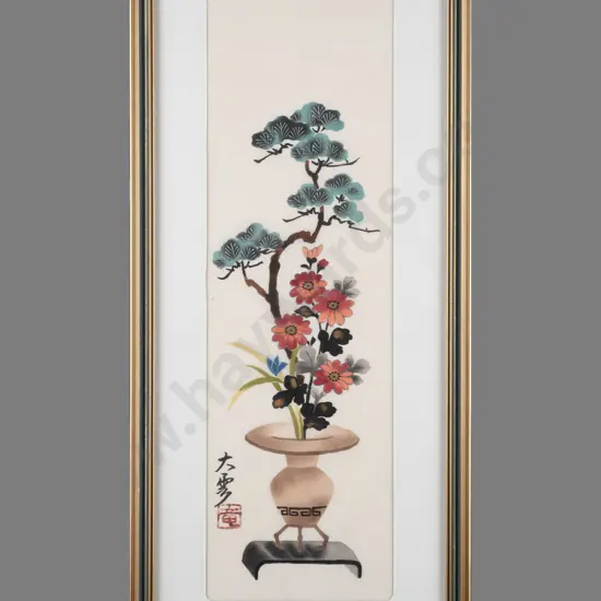 framed Asian watercolour - flowers in vase H350 W110