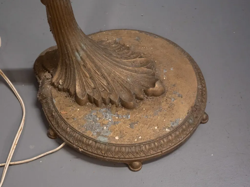 restorer's vintage nouveau style cast metal standard lamp base with foliate base and swan-neck top, cast foliate Image 1++