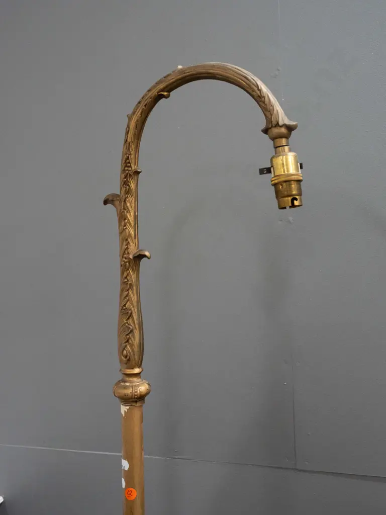 restorer's vintage nouveau style cast metal standard lamp base with foliate base and swan-neck top, cast foliate Image 1++