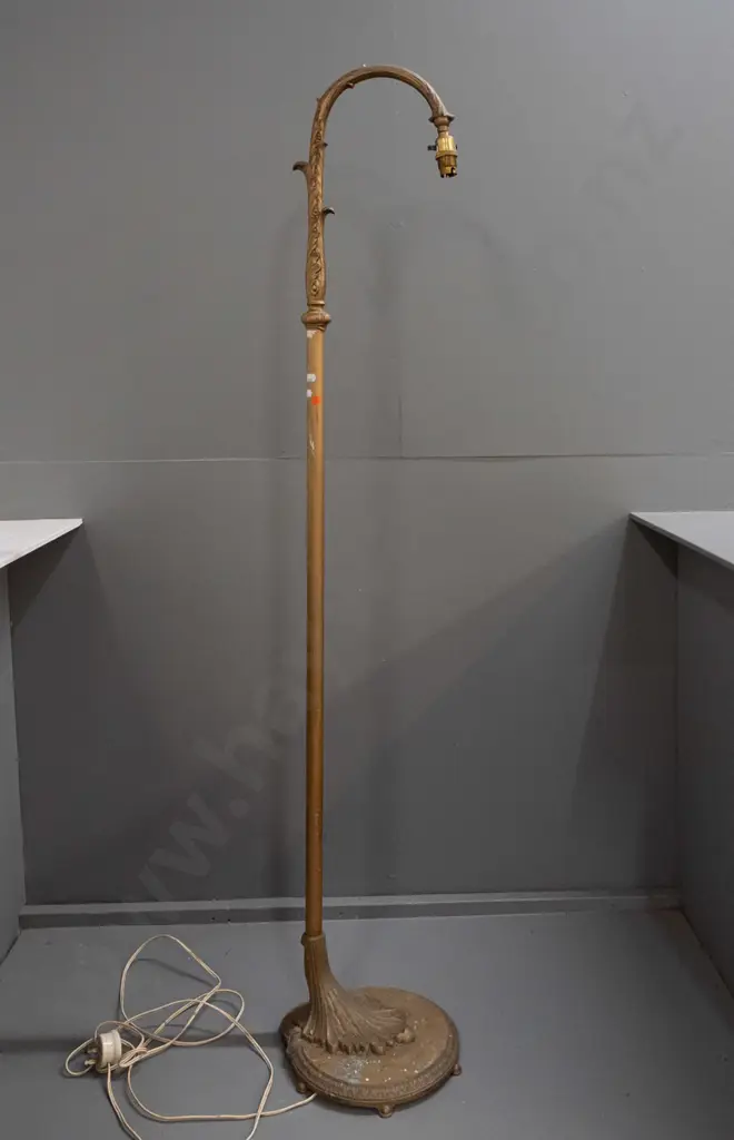 restorer's vintage nouveau style cast metal standard lamp base with foliate base and swan-neck top, cast foliate Image 1++