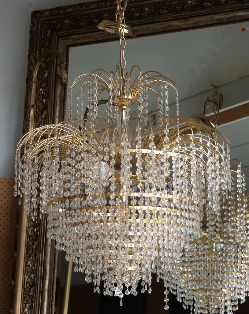 contemporary gold-finish metal and glass chandelier 6-bulb light fitting w/ glass lustres Image 1++