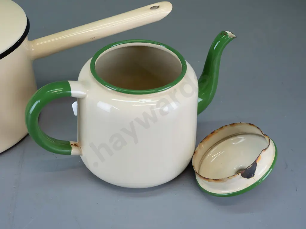 3 enamel cookware items - 2 pint measuring jug, teapot and a pot with lid marked Kockum Sweden 18cm 841. Green and cream Image 1++
