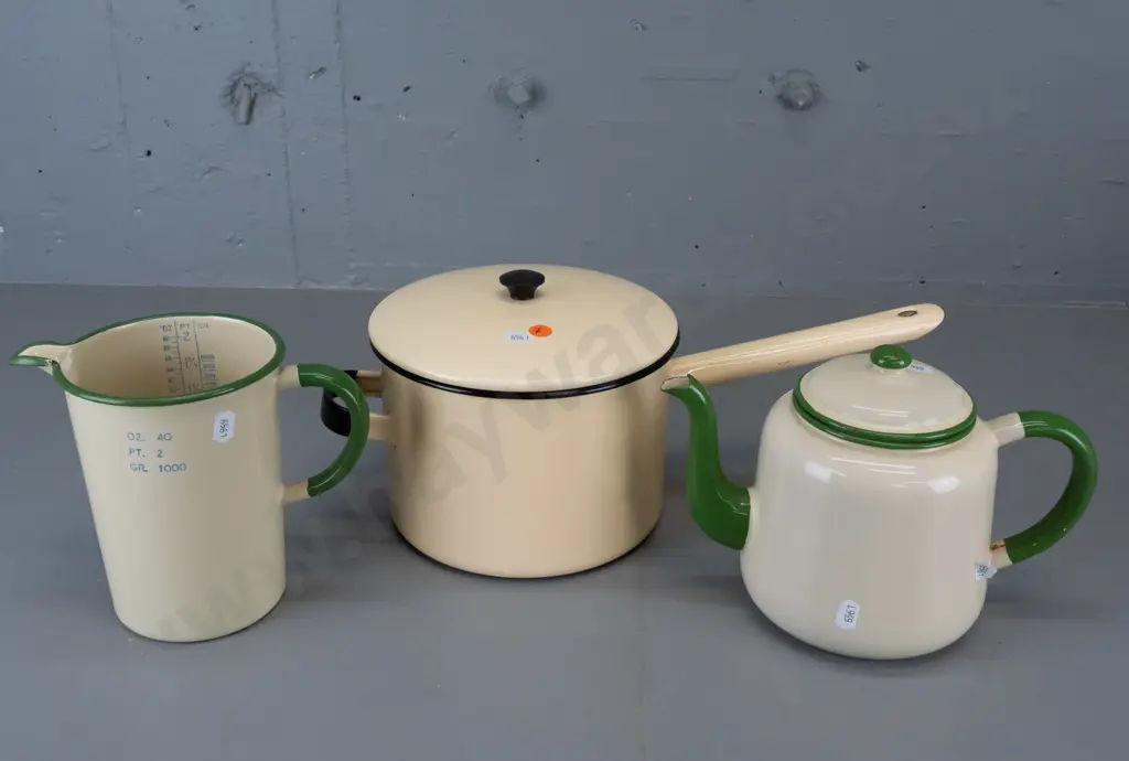 3 enamel cookware items - 2 pint measuring jug, teapot and a pot with lid marked Kockum Sweden 18cm 841. Green and cream Image 1++