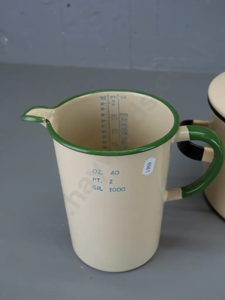 3 enamel cookware items - 2 pint measuring jug, teapot and a pot with lid marked Kockum Sweden 18cm 841. Green and cream Image 1++