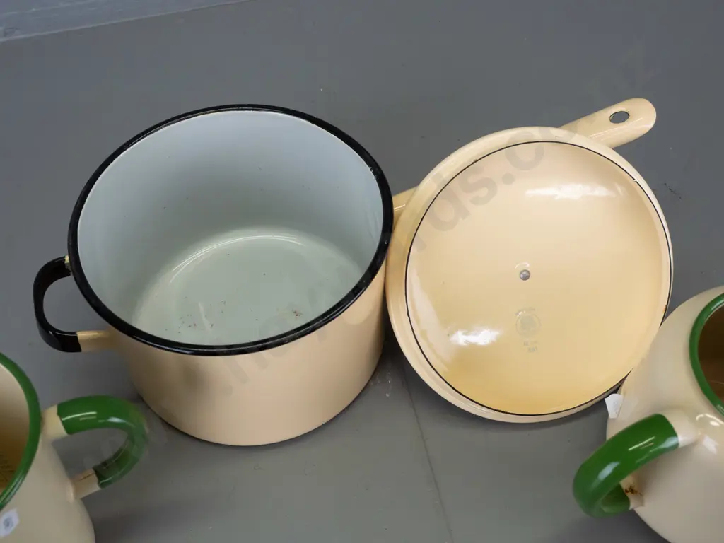 3 enamel cookware items - 2 pint measuring jug, teapot and a pot with lid marked Kockum Sweden 18cm 841. Green and cream Image 1++