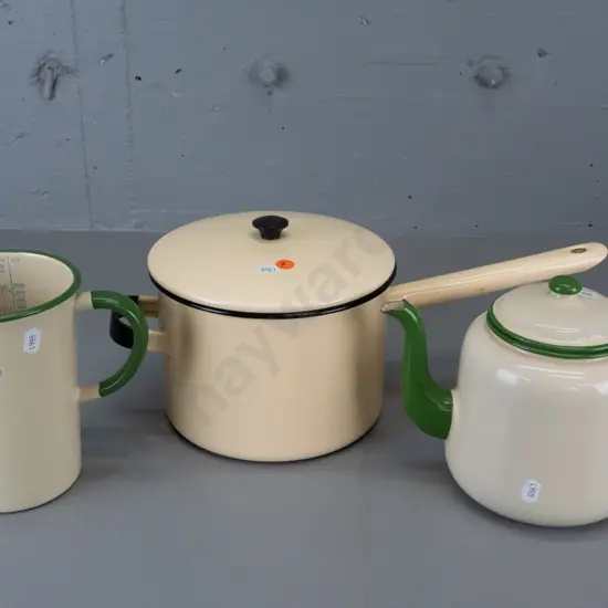 3 enamel cookware items - 2 pint measuring jug, teapot and a pot with lid marked Kockum Sweden 18cm 841. Green and cream