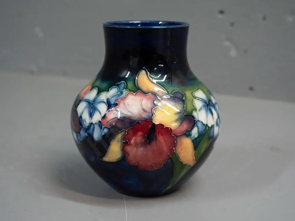 vintage Moorcroft tube lined iris vase - blue signature on base H-135 D-110 at widest Image 1++