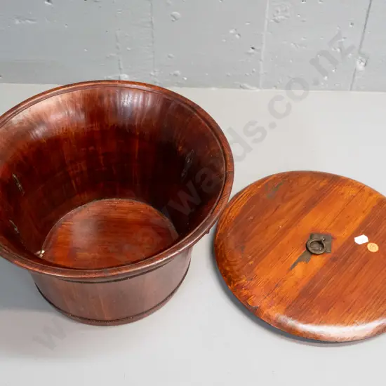 Chinese round food or storage container with flared top and lift out lid, plaited brass strapping and brass handles, has