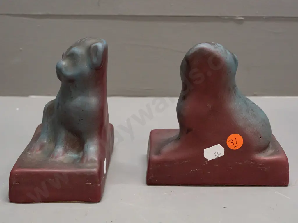 vintage Van Briggle American studio pottery dog book-ends with faintly impressed maker's marks H-125 W-120 - some light Image 1++