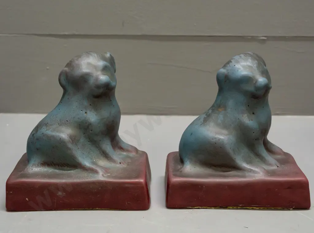 vintage Van Briggle American studio pottery dog book-ends with faintly impressed maker's marks H-125 W-120 - some light Image 1++