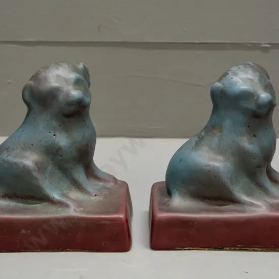 vintage Van Briggle American studio pottery dog book-ends with faintly impressed maker's marks H-125 W-120 - some light