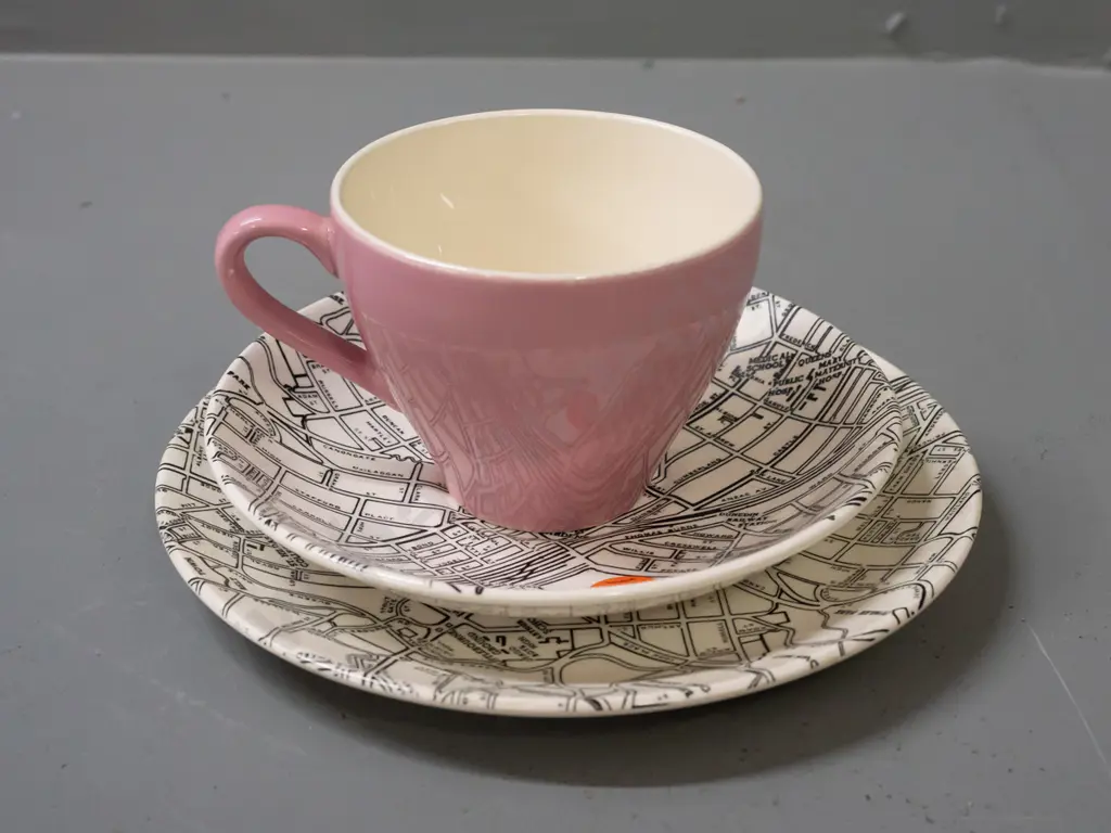 Crown Lynn Downtown Dunedin trio with pink cup - plate marked No. 451, minor wear & crazing to plate D175 Image 1++