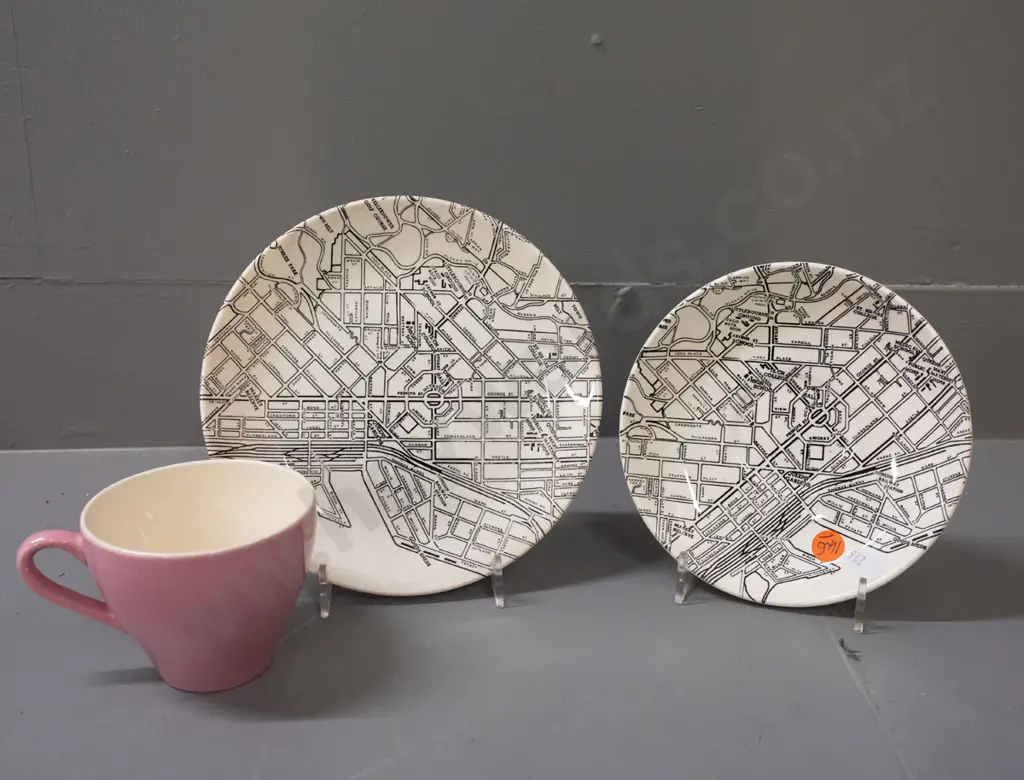 Crown Lynn Downtown Dunedin trio with pink cup - plate marked No. 451, minor wear & crazing to plate D175 Image 1++