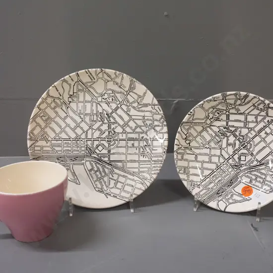 Crown Lynn Downtown Dunedin trio with pink cup - plate marked No. 451, minor wear & crazing to plate D175