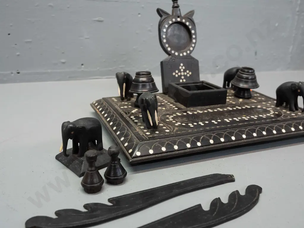 carved ebony and bone desk set with elephants, elephant-lidded compartment, 2 lidded lidded containers, inset bone Image 1++
