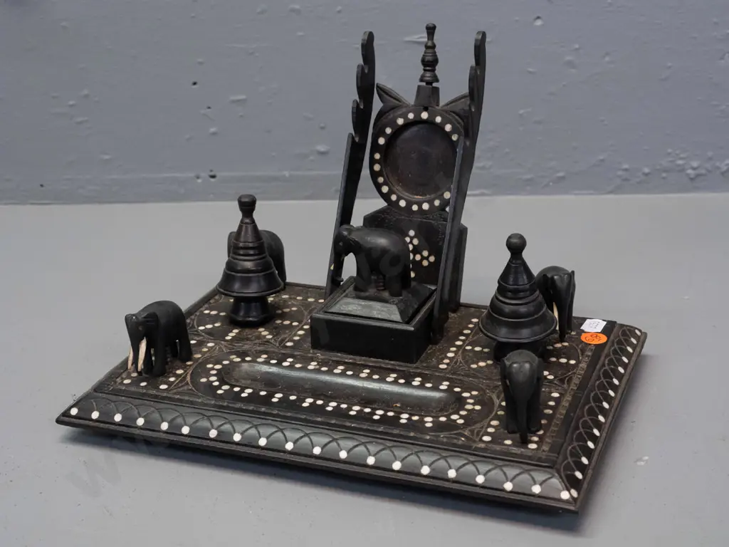 carved ebony and bone desk set with elephants, elephant-lidded compartment, 2 lidded lidded containers, inset bone Image 1++