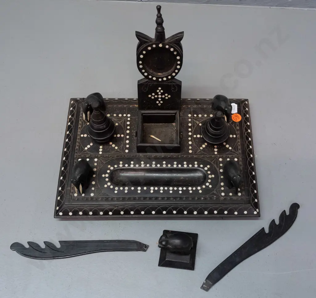 carved ebony and bone desk set with elephants, elephant-lidded compartment, 2 lidded lidded containers, inset bone Image 1++