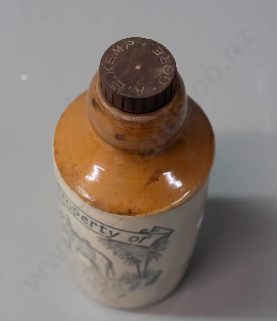 vintage ginger beer bottle with threaded stopper - A.E. Kemp, Gore - with elephant logo, stamped 18 near base H-185 Image 1++