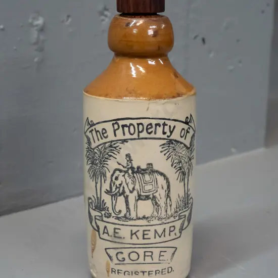 vintage ginger beer bottle with threaded stopper - A.E. Kemp, Gore - with elephant logo, stamped 18 near base H-185