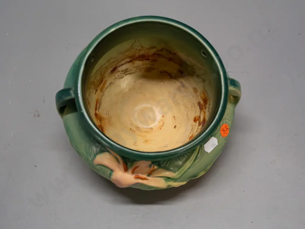 vintage Weller American studio pottery hanging planter with 3 hooks and chains - some water staining inside H-140 D-190 Image 1++