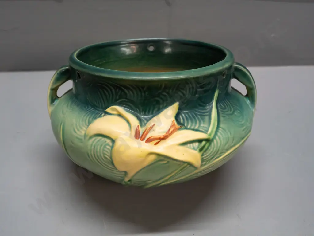 vintage Weller American studio pottery hanging planter with 3 hooks and chains - some water staining inside H-140 D-190 Image 1++