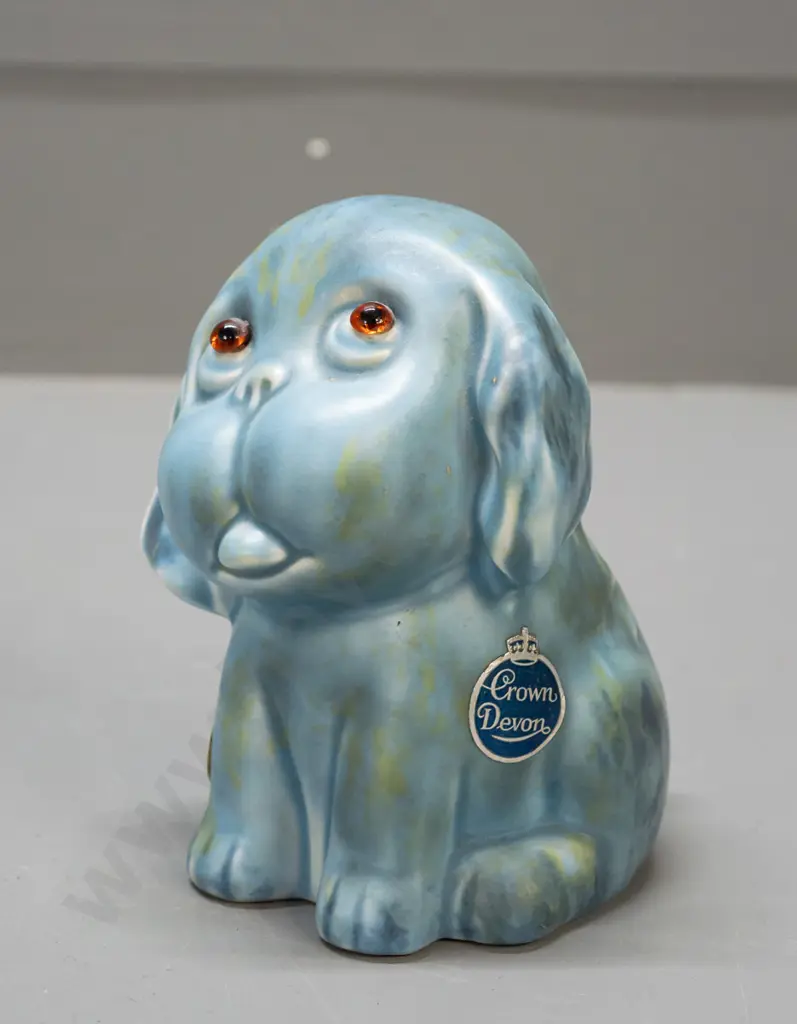 Crown Devon dog figure with applied glass eyes, original label, with Ballantyne's sticker on base H-140 Image 1++