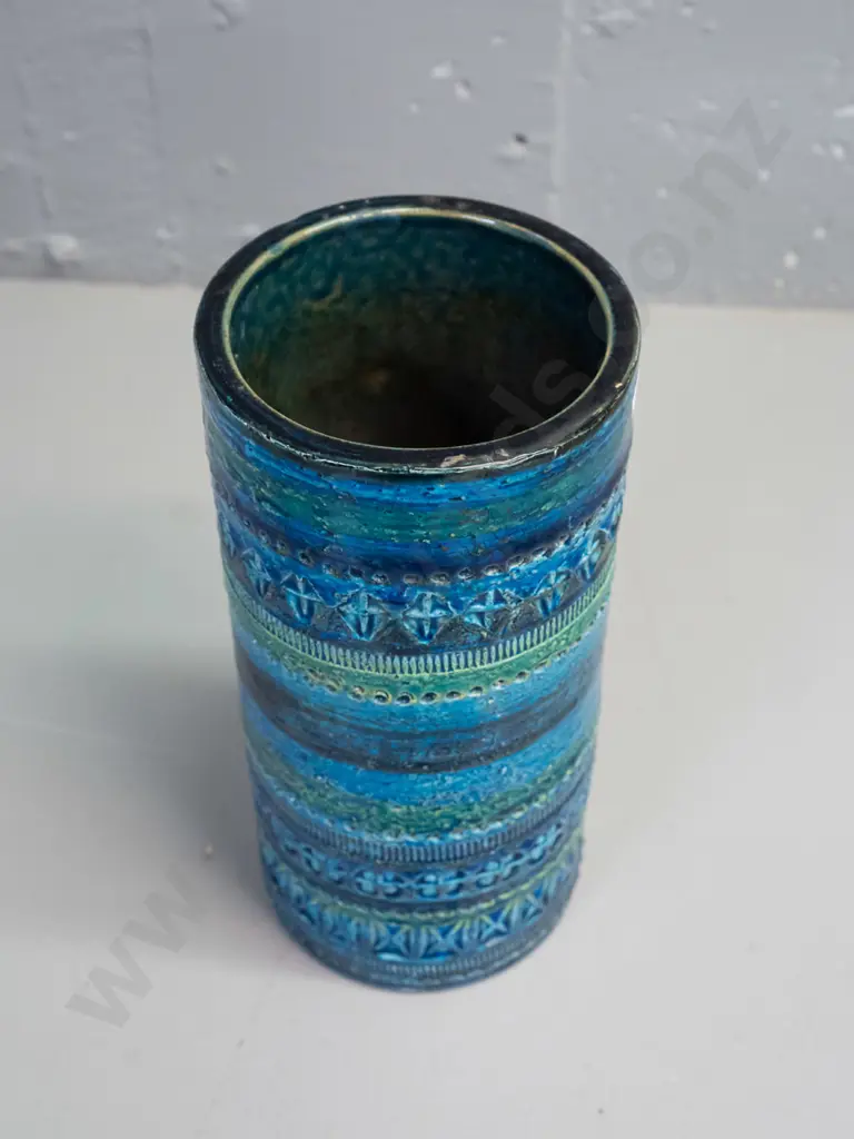 Bitossi cylindrical vase in blue and green glaze - some staining inside, small repair and fret to base H-220 Image 1++
