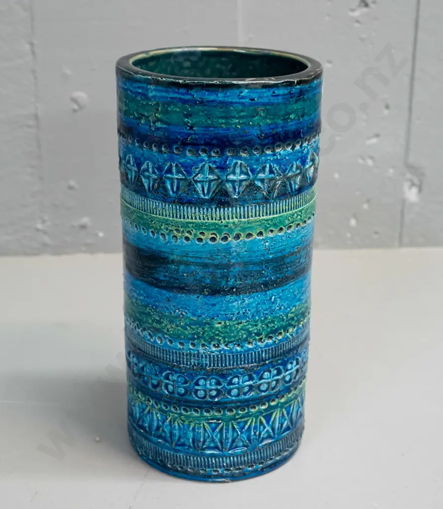 Bitossi cylindrical vase in blue and green glaze - some staining inside, small repair and fret to base H-220 Image 1++