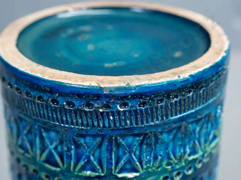 Bitossi cylindrical vase in blue and green glaze - some staining inside, small repair and fret to base H-220 Image 1++