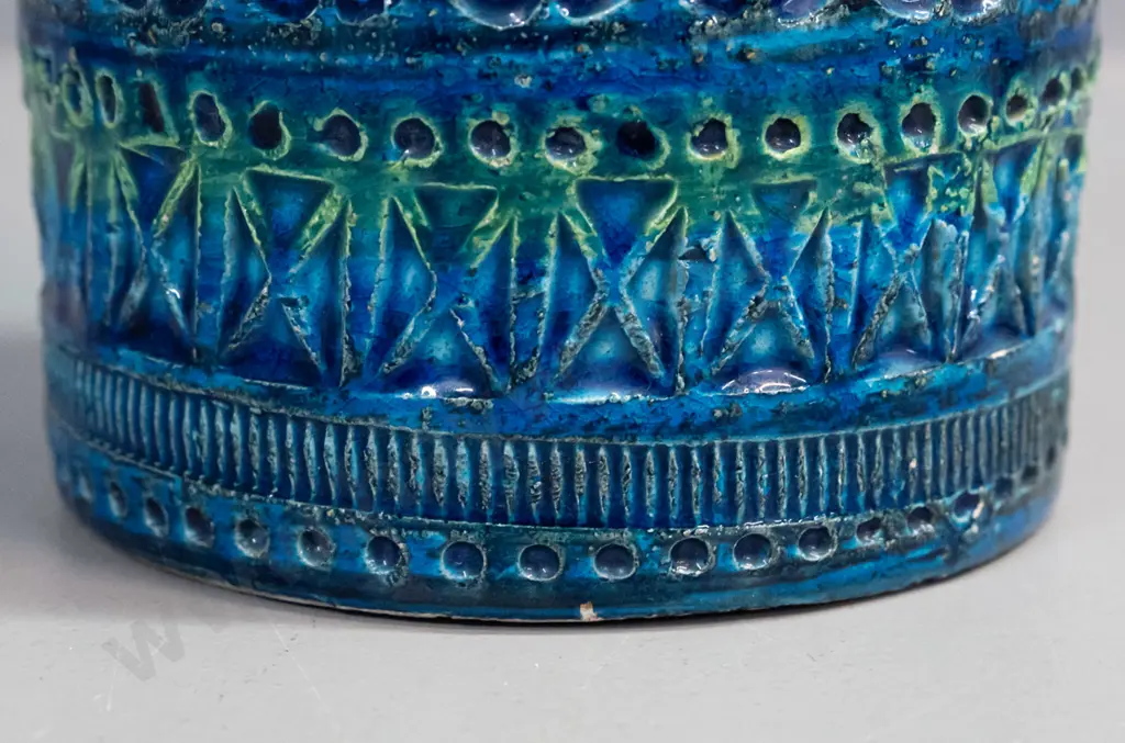 Bitossi cylindrical vase in blue and green glaze - some staining inside, small repair and fret to base H-220 Image 1++