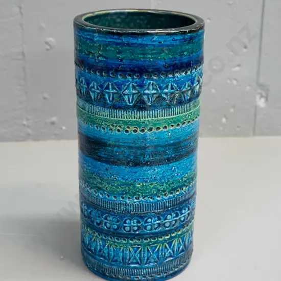 Bitossi cylindrical vase in blue and green glaze - some staining inside, small repair and fret to base H-220