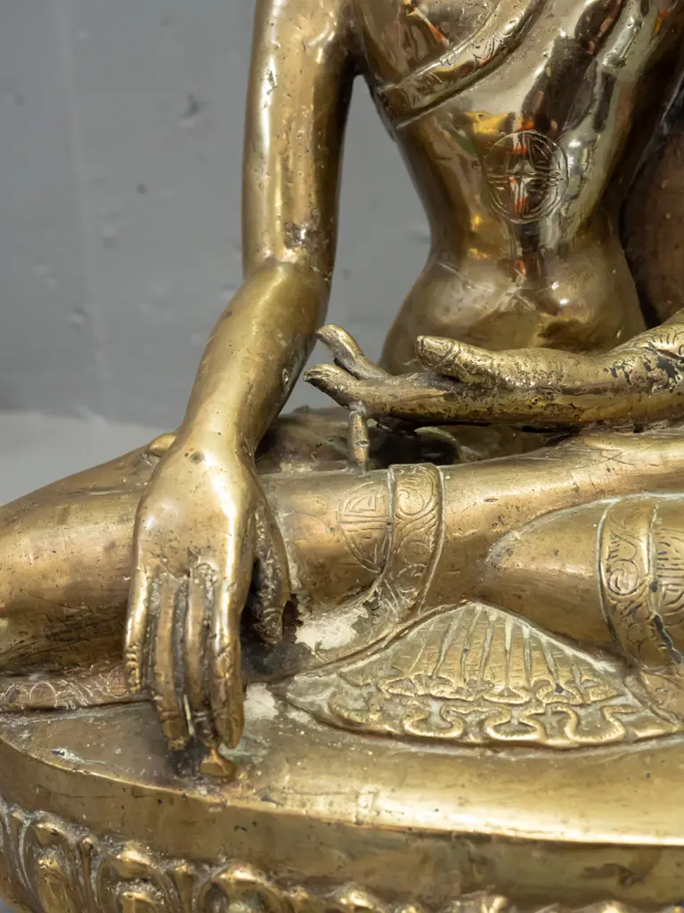 large hollow cast brass seated Buddha - some age wear and minor discolouration H-390 W-270 at base Image 1++