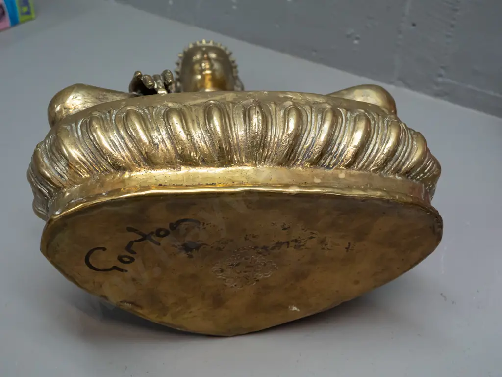 large hollow cast brass seated Buddha - some age wear and minor discolouration H-390 W-270 at base Image 1++