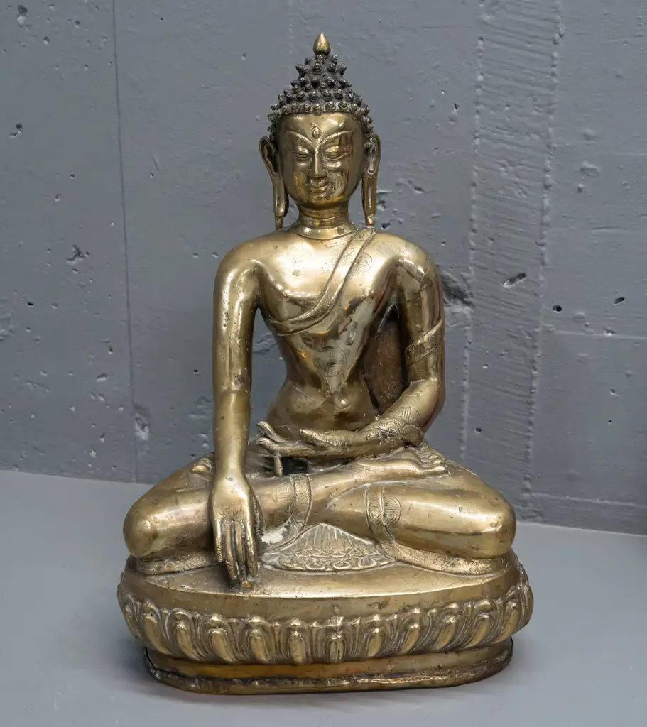 large hollow cast brass seated Buddha - some age wear and minor discolouration H-390 W-270 at base Image 1++