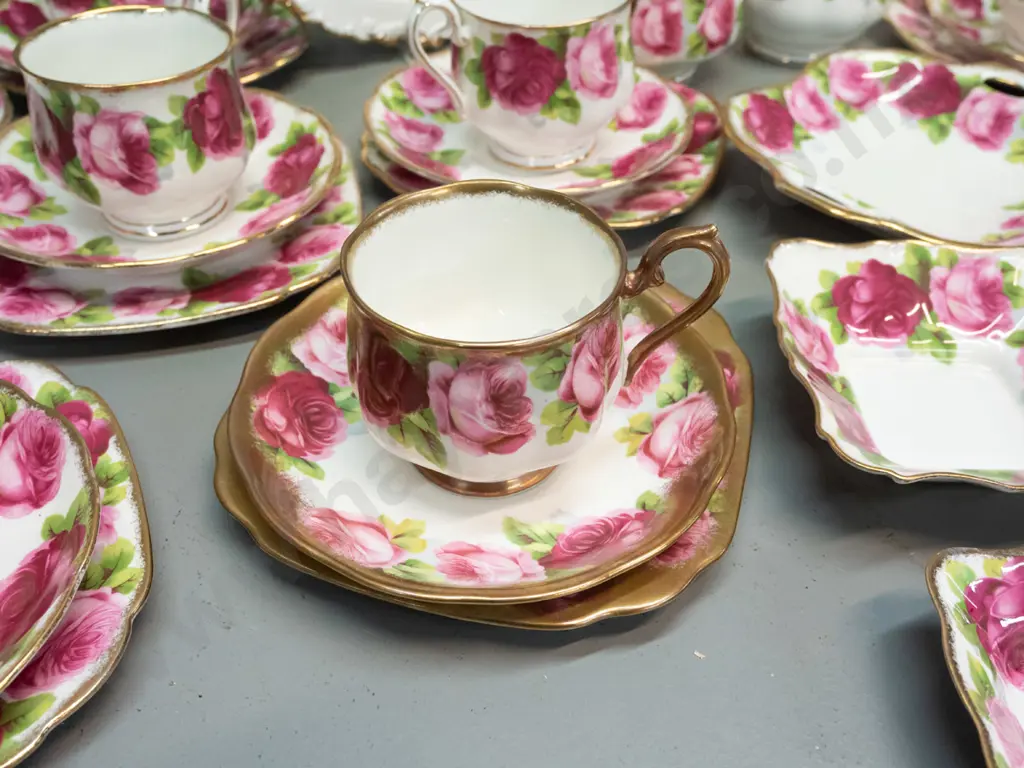 Royal Albert Old English Rose tea and serving ware - 10 trios, several cup shapes, one is heavy gilt, cream & sugar, 2 Image 1++
