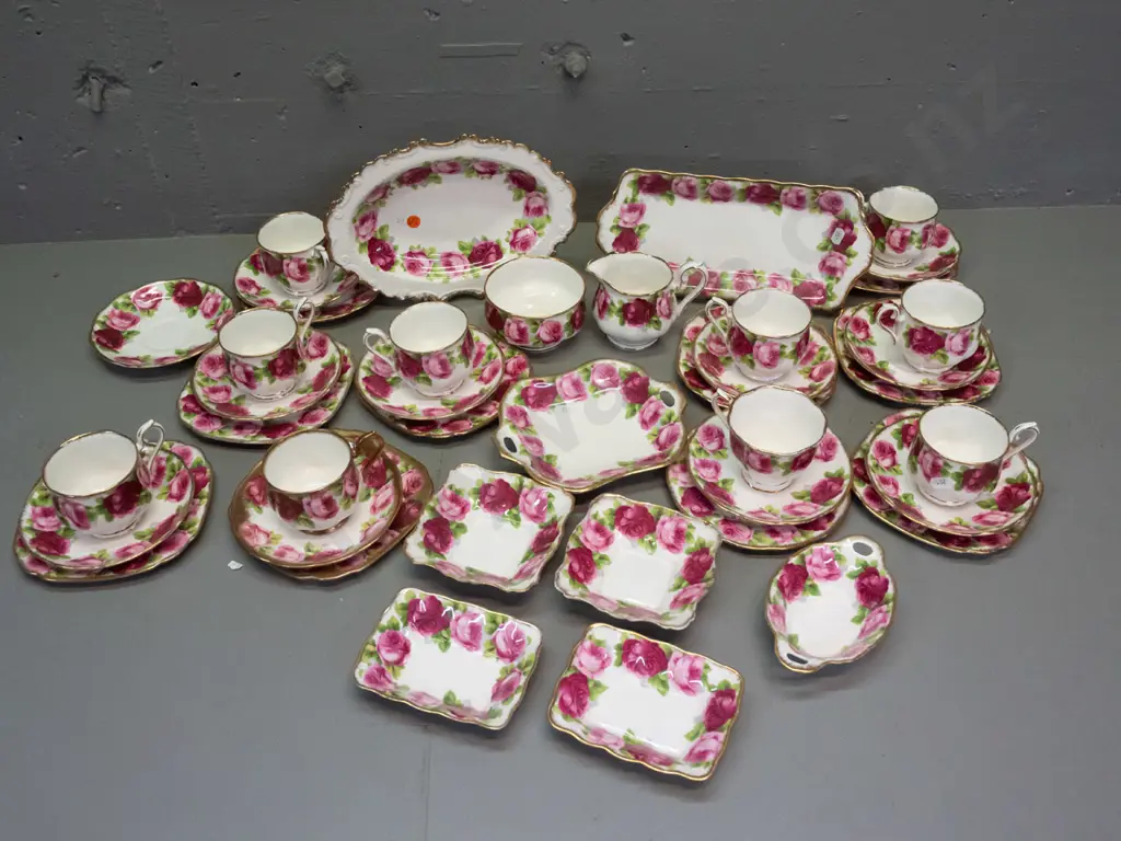 Royal Albert Old English Rose tea and serving ware - 10 trios, several cup shapes, one is heavy gilt, cream & sugar, 2 Image 1++