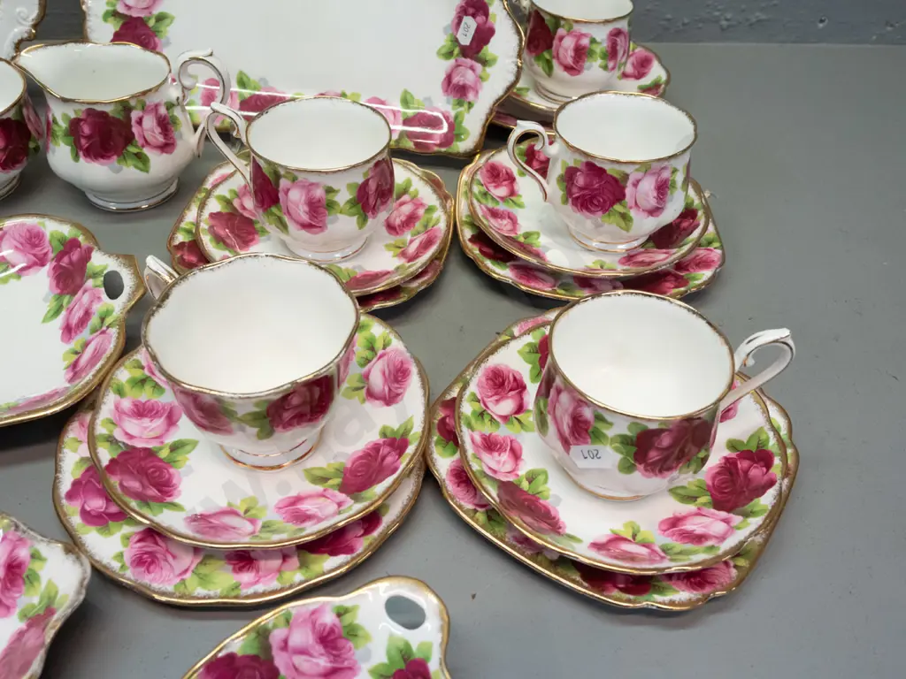 Royal Albert Old English Rose tea and serving ware - 10 trios, several cup shapes, one is heavy gilt, cream & sugar, 2 Image 1++