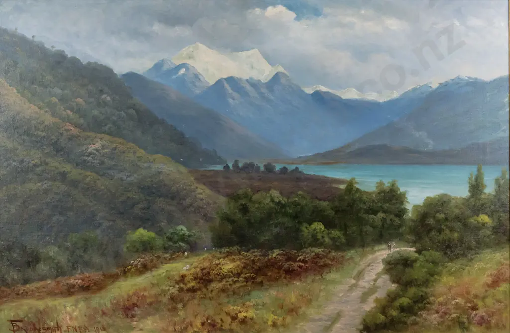 F Brookesmith - framed oil on canvas "South Island high country lake with road" H690 W1040 Image 1++