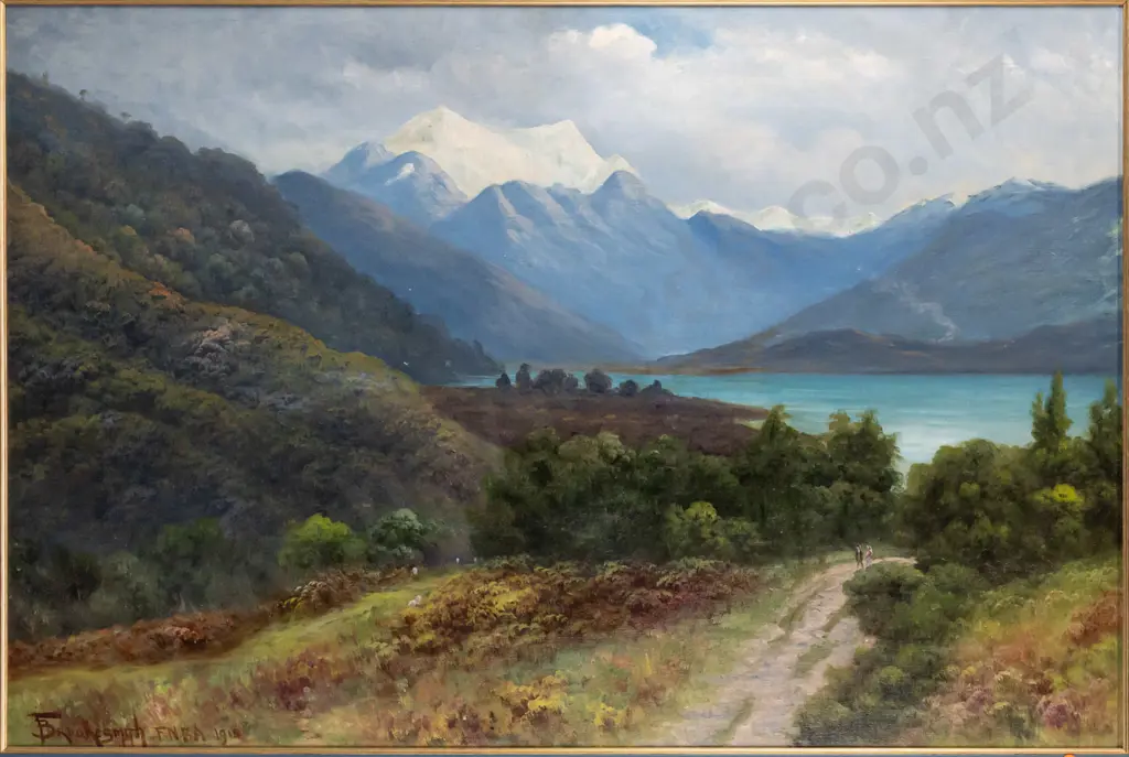 F Brookesmith - framed oil on canvas "South Island high country lake with road" H690 W1040 Image 1++