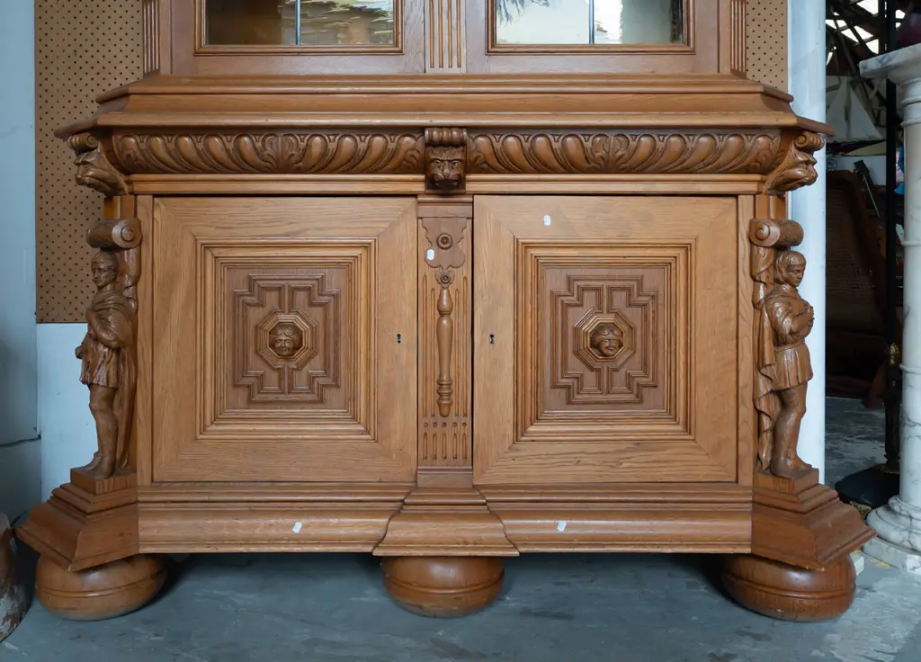 19th C French oak display top sideboard with 2 astragal leadlight glazed doors on top, 2 doors in base, fluted canted Image 1++