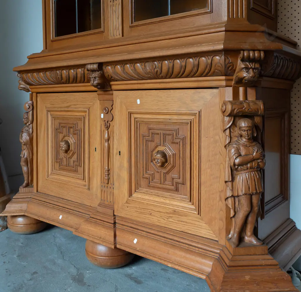 19th C French oak display top sideboard with 2 astragal leadlight glazed doors on top, 2 doors in base, fluted canted Image 1++