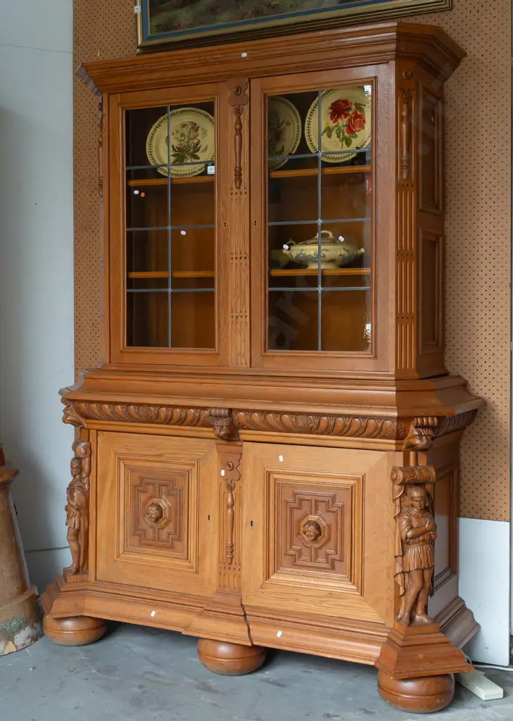 19th C French oak display top sideboard with 2 astragal leadlight glazed doors on top, 2 doors in base, fluted canted Image 1++
