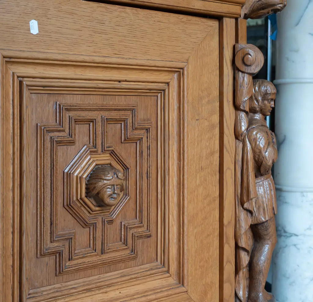19th C French oak display top sideboard with 2 astragal leadlight glazed doors on top, 2 doors in base, fluted canted Image 1++