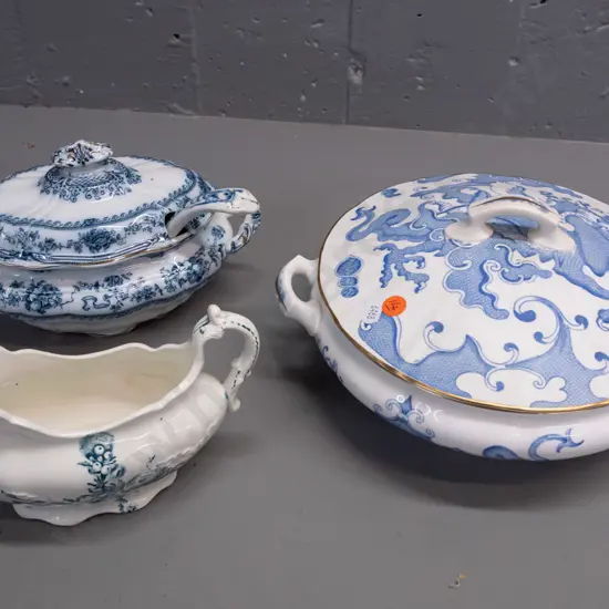 3 vintage china serving items -  Royal Staffordshire Burslem "Festoon" lidded tureen with ladle, a Worcester lidded vege