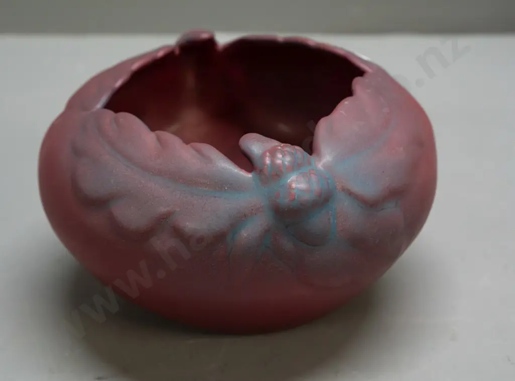 vintage Van Briggle American studio pottery bowl with leaf & acorn motif H-80 D-150 Image 1++