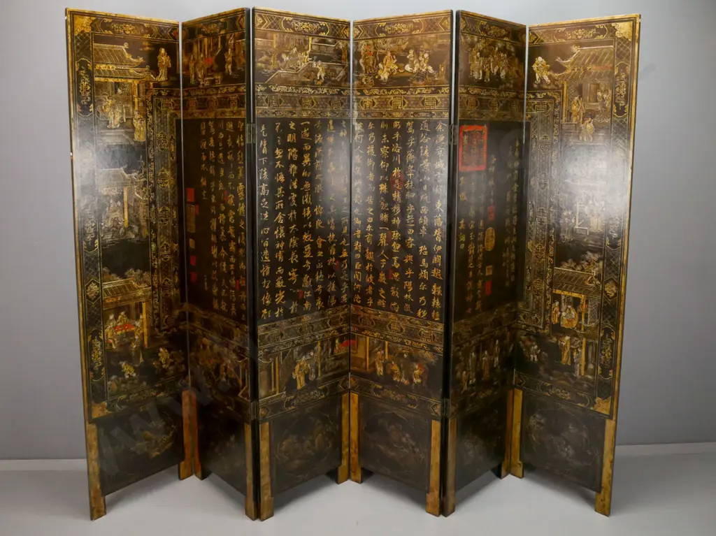 Chinese large 6-fold hinged screen with gold and polychrome decoration with traditional characters and motifs. Some Image 1++
