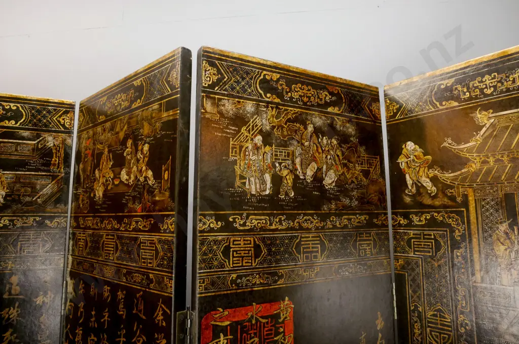 Chinese large 6-fold hinged screen with gold and polychrome decoration with traditional characters and motifs. Some Image 1++
