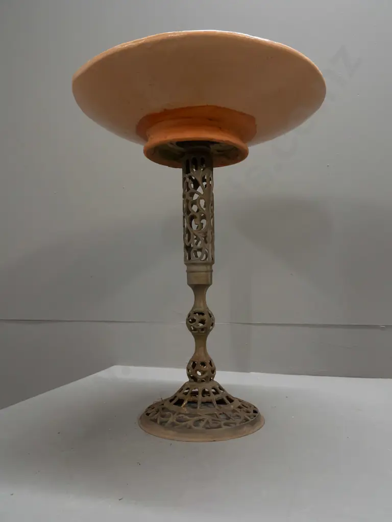 bird bath with pierced brass stem and terracotta bowl decorated with concentric circle motifs - some crazing, fretting Image 1++
