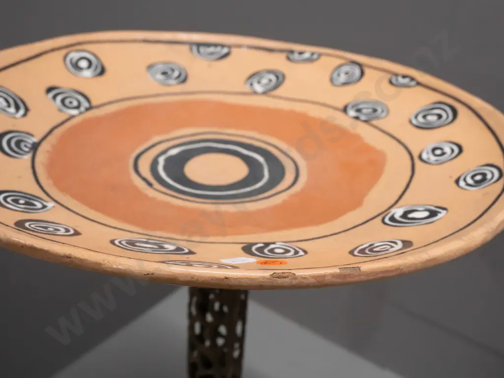 bird bath with pierced brass stem and terracotta bowl decorated with concentric circle motifs - some crazing, fretting Image 1++