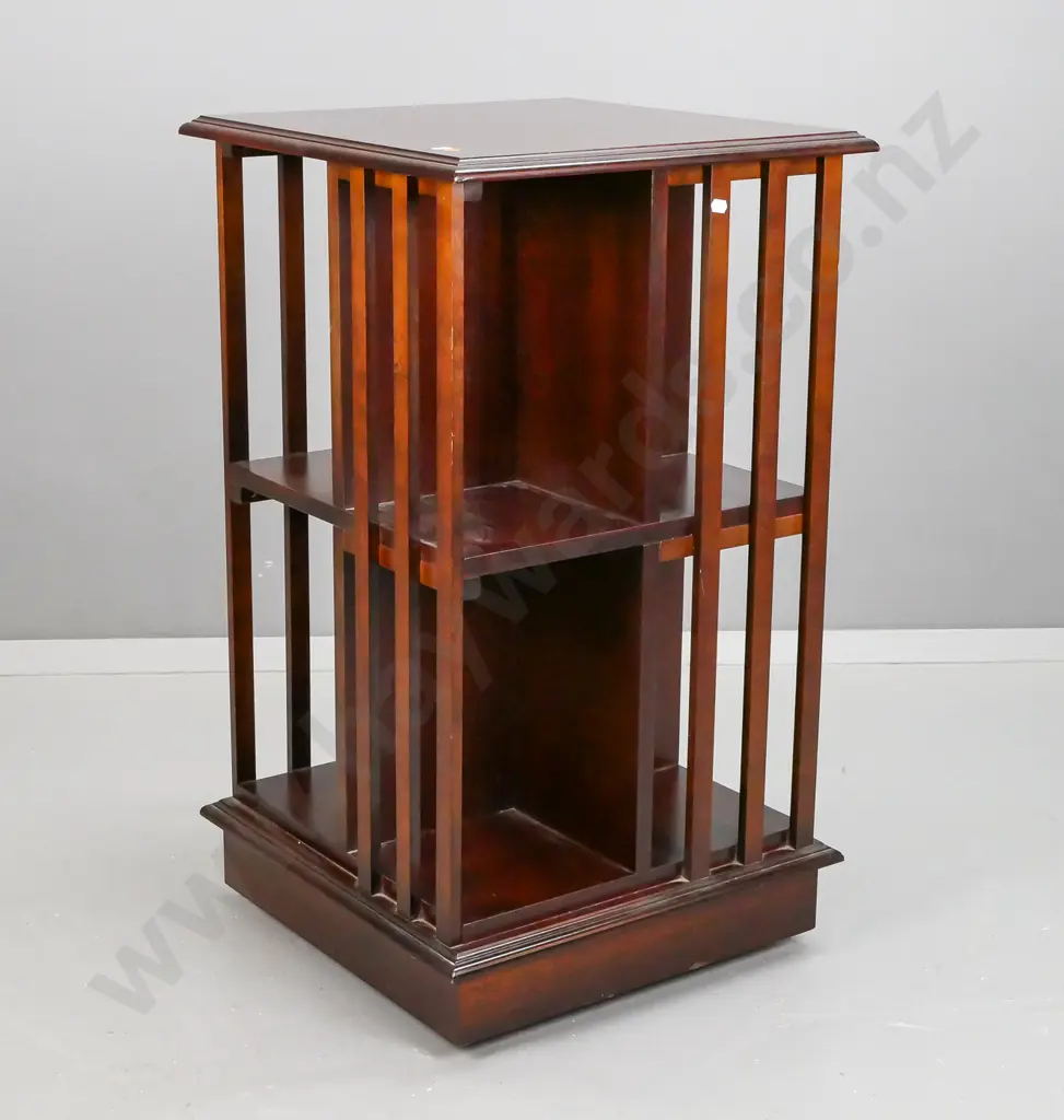 reproduction mahogany 3-tier revolving bookcase with slatted sides. Some scratches & staining to top. H-820 W-480 D-480 Image 1++